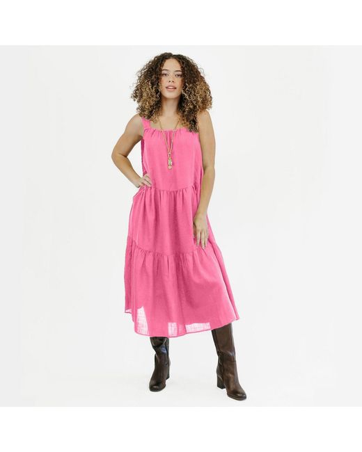 Zenzee Pink Cotton Linen Gathered Strap Tiered Dress
