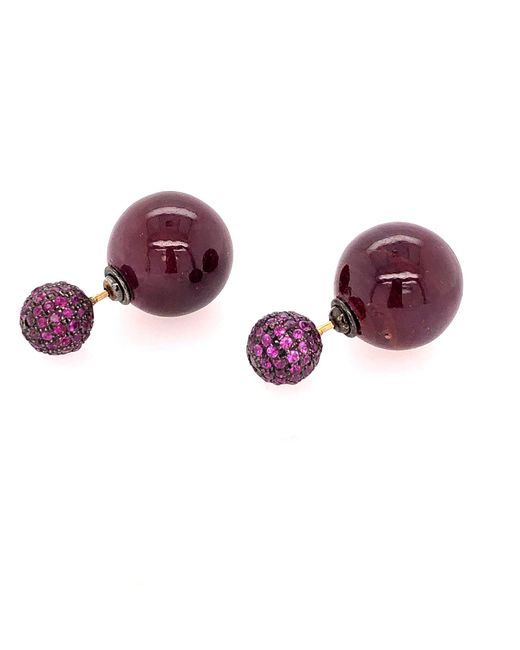 Artisan Purple 14k Gold & Silver With Ruby Pave Bead Ball Double Side Tunnel Earrings