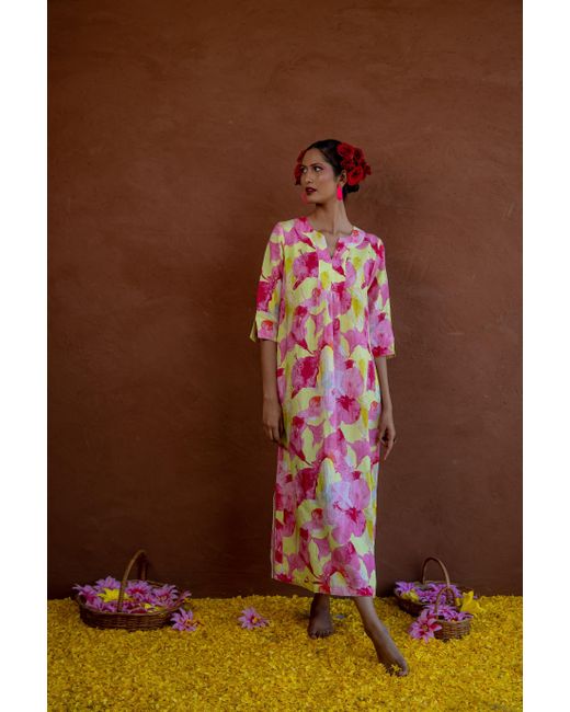 NoLoGo-chic Pink Hibiscus Hill Print Linen Maxi Dress -lime