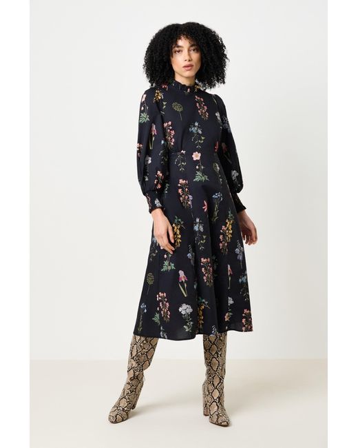 Louche Black Jessie Flower Press Print Frill Neck Midi Dress