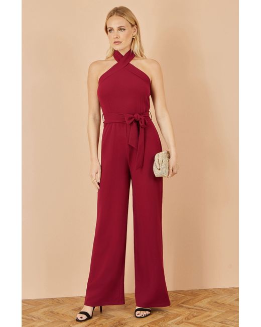 Yumi' Red Burgundy Cross Over Halter Neck Jumpsuit