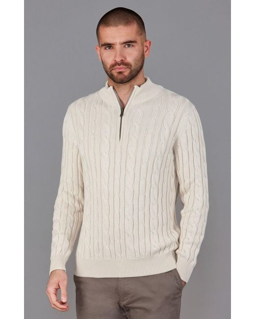 Paul James Knitwear Natural Neutrals Midweight Romano Cotton Cable Zip Neck Jumper for men