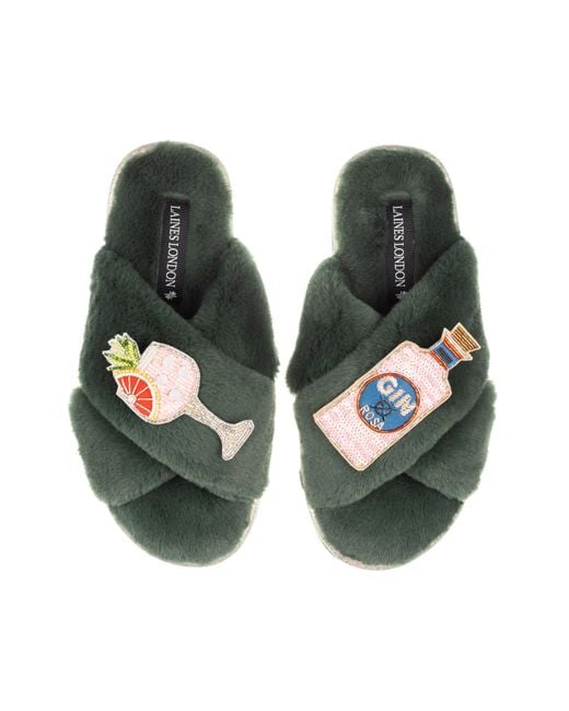 Laines London Green Classic Laines Slippers With Rosa & Grapefruit Gin Brooches
