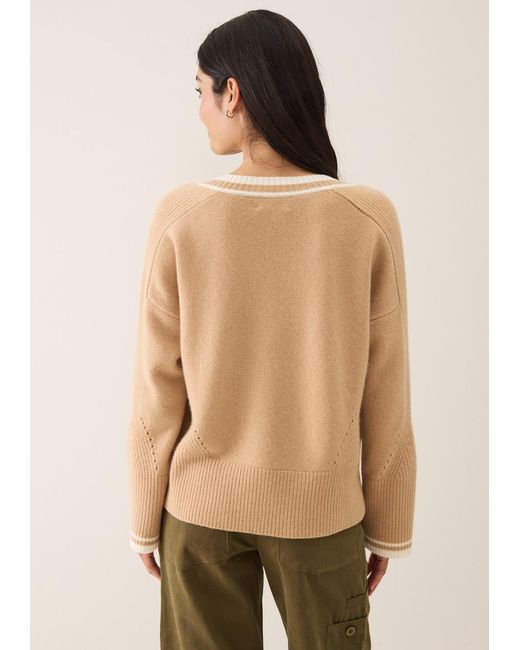 Loop Cashmere Natural Neutrals Striped Tipped V Neck Lofty Sweater