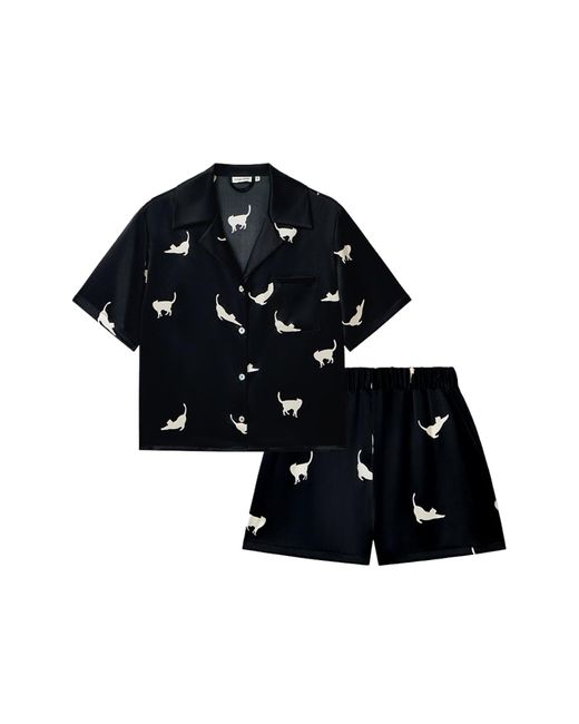 NOT JUST PAJAMA Black Cats Edition Silk Pajamas Short Set