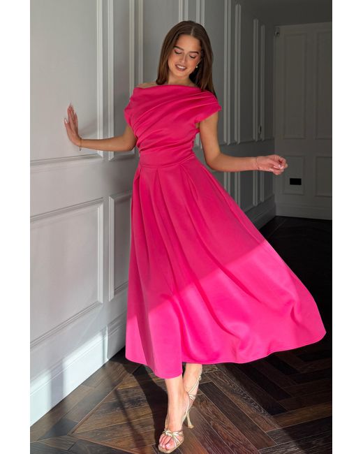 Girl In Mind Pink Betty Asymmetric Neckline Skater Midi Hot