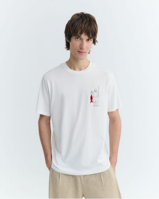 Thinking Mu White Fisherman Zach Embroidered T-Shirt for men