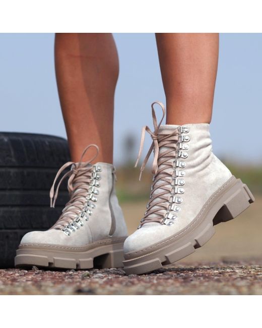 Adrenaline Fashion Metallic Neutrals Suede And Leather Lace-Up Ankle Boots – Chunky Sole Designer Handmade Boots