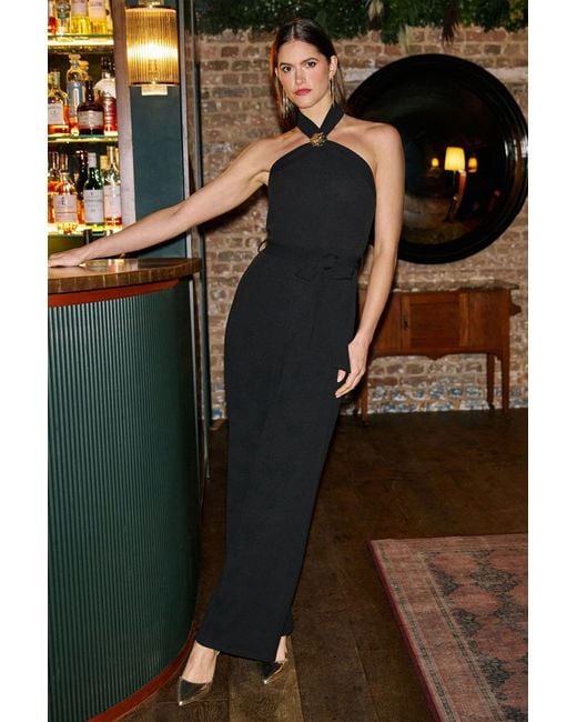 Yumi' Black Cross Over Halter Neck Jumpsuit