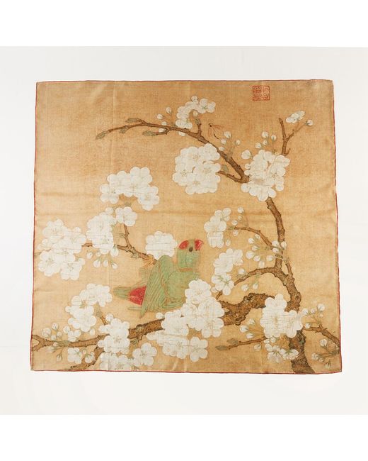 Soft Strokes Silk Metallic Pure Silk Scarf Painting Parrot And Insect Among Pear Blossoms