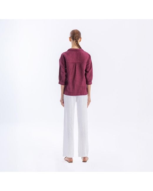 Haris Cotton Purple Linen V-Neck Blouse With Collar And Three Quarters Sleeves Tulip