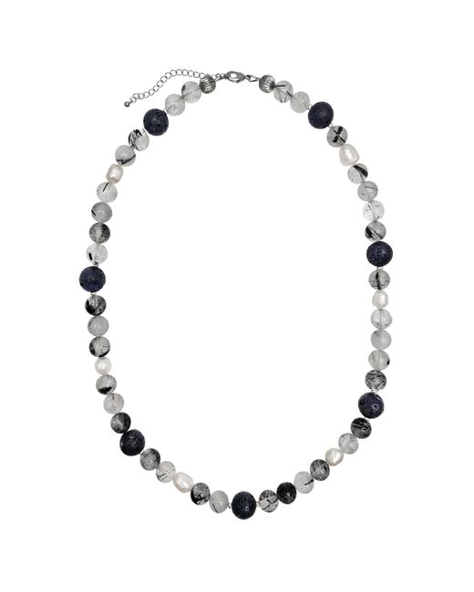 Farra Metallic Rutilated Quartz With Lava Stone And Pearls Necklace for men