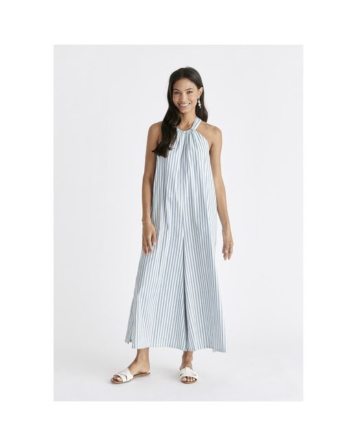 Paisie Blue Striped Halterneck Cotton Jumpsuit