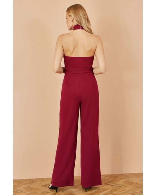 Yumi' Red Burgundy Cross Over Halter Neck Jumpsuit