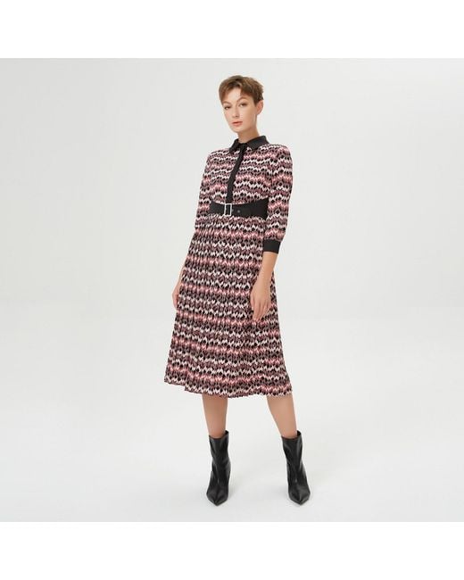 Smart and Joy Red Bi-Material Pleated Shirt Dress With Appliqué Belt & Herringbone Print