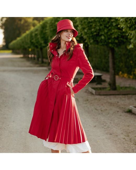 RainSisters Women's Red Fit Flare A-Line Coat With Pleated Skirt