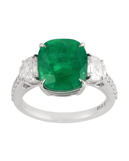 Artisan Green Cushion Cut Emerald & D Shape Diamond In 18k White Gold Fashion Cocktail Ring