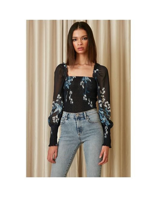Urban Touch Blue Long Sleeve Floral Print Bodycon Top