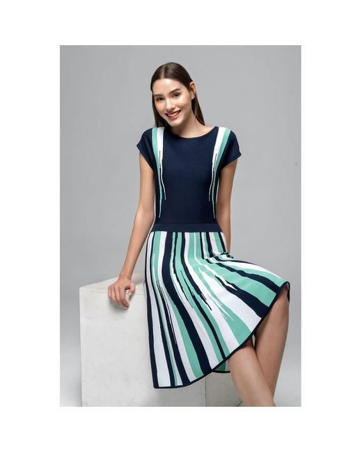 Rumour London Blue Iris Striped Knitted Fit And Flare Dress In Navy And Turquoise