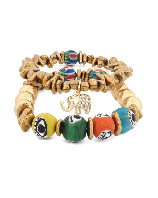 Ebru Jewelry Metallic Golden Elephant Colorful Evil Eye Beaded Bracelet Set