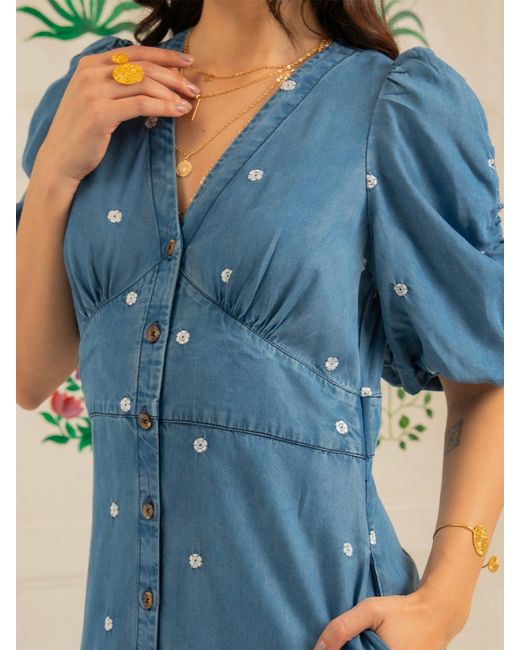 Rose & Nancy Blue Mila Denim Tencel Daisy Embroidered Midi Dress