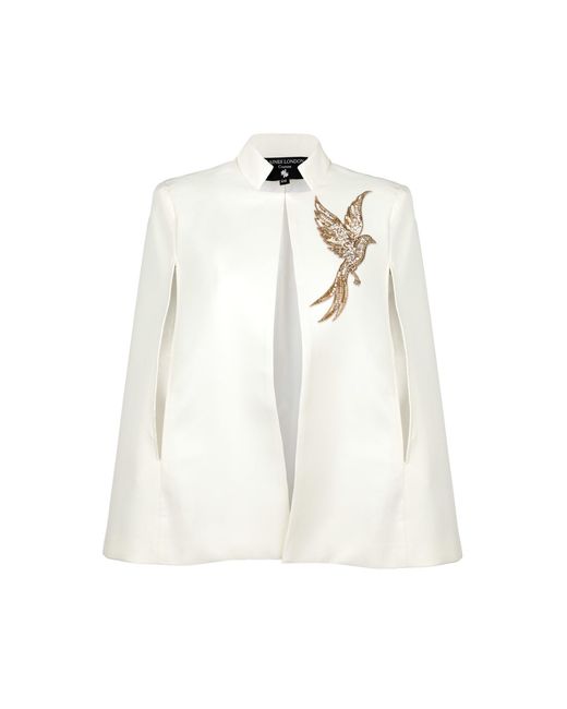 House of Laines London White Neutrals Laines Ivory Couture Tailored Cape With Embellished Bird Of Paradise