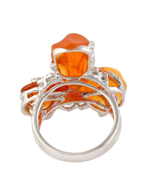 Artisan Orange 18k White Gold Fire Opal Pink Sapphire Diamond Cocktail Ring Handmade