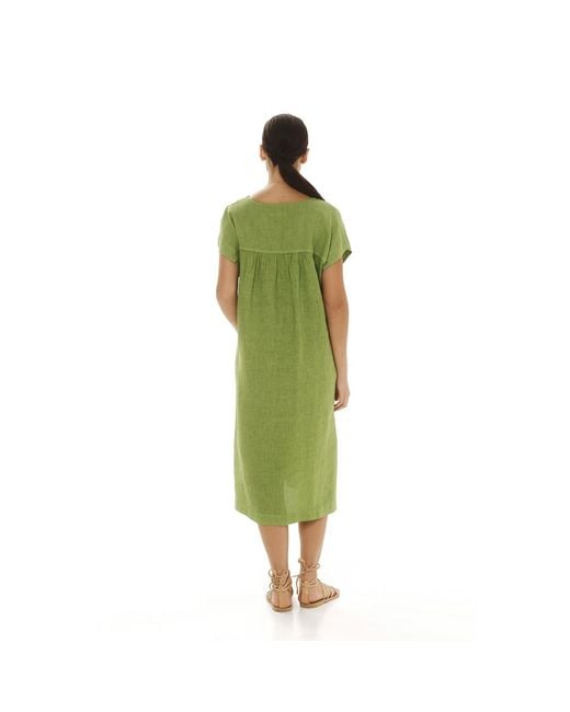 Haris Cotton Green Smock Linen Dress With Split Hem Avocado