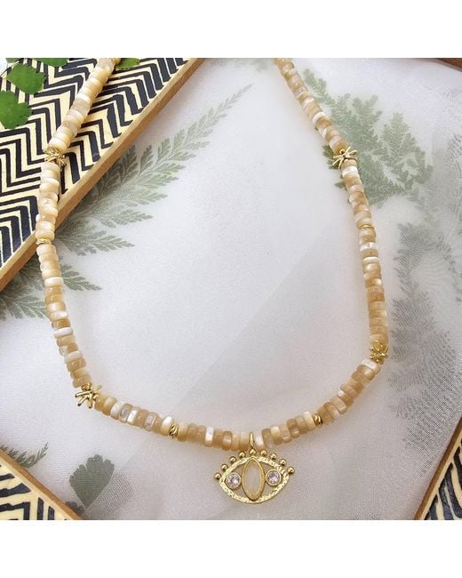 Farra Metallic Neutrals Shell With Turkish Devil Eye Pendant Necklace