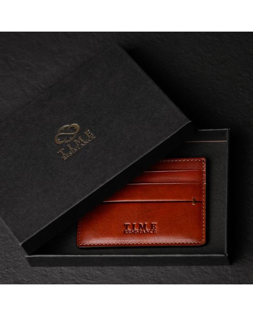 Time Resistance Brown Cognac Leather Credit Card Case Business Card Case