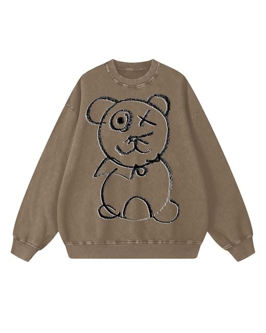 X Ilona Blue Gray Graffiti Teddy Bear Vintage Washed Cotton Sage Crewneck