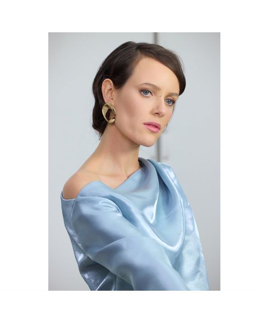 Julia Allert Blue Modern Boat Neck Blouse With Gentle Sheen Metallic