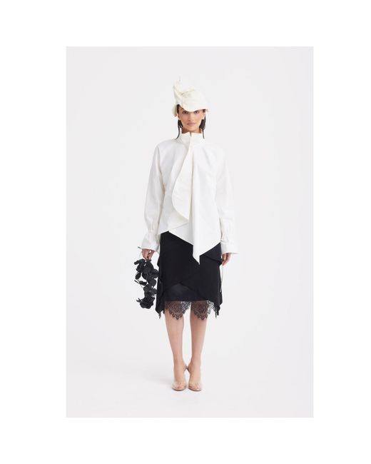 Julia Allert White High Neck Draped Cotton Blouse