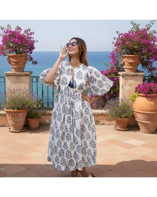 La Mandarine Blue Block Printed Cotton Summer Dress With Pockets, Valerie Midi Dress
