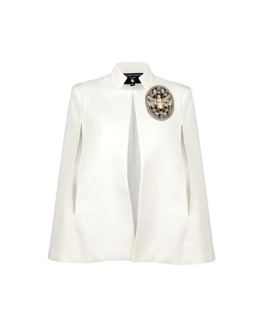 House of Laines London White Neutrals Laines Ivory Couture Tailored Cape With Embellished Bee Brooch
