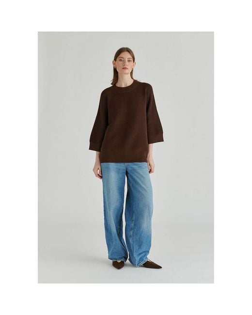 Paisie Brown Mock Neck Cropped Sleeve Ribbed Jumper