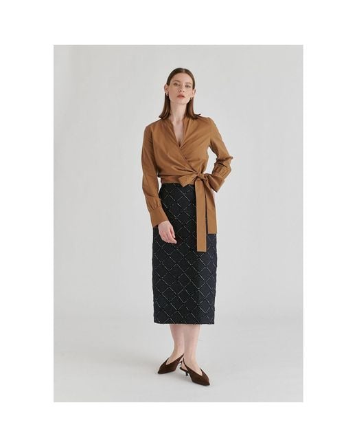 Paisie Brown Split Collarless Wrap Top With Side-Tie Waist