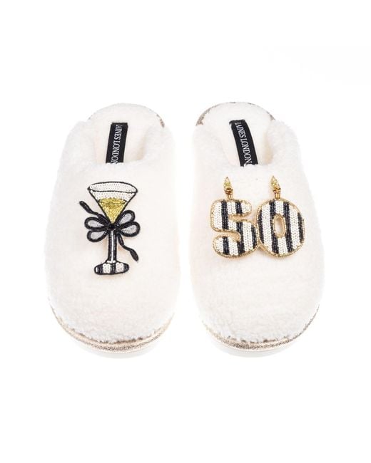 Laines London White Teddy Closed Toe Slippers With Stripe 50Th Birthday & Champagne Glass Brooches