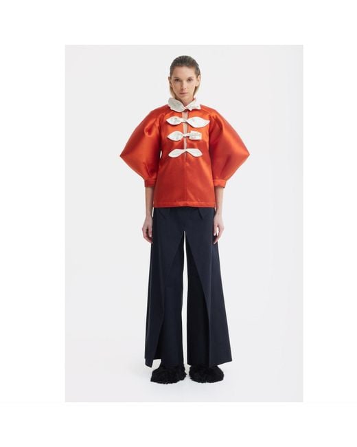 Julia Allert Orange Taffeta Deep V-Neck Blouse With Satin Floral Detail – Terracotta