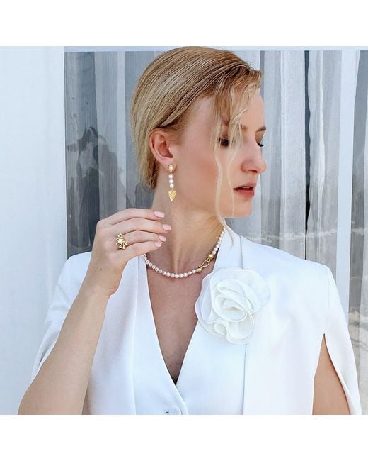Farra Metallic Heart Dangle Freshwater Pearls Asymmetric Earrings