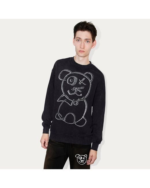 X Ilona Blue Blue Universal Fit Graffiti Teddy Bear Vintage Washed Cotton Midnight Crewneck for men