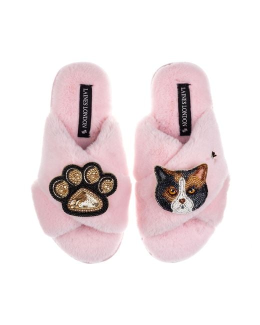 Laines London Pink Classic Laines Slippers With Paw & Calico British Shorthair Cat Brooches