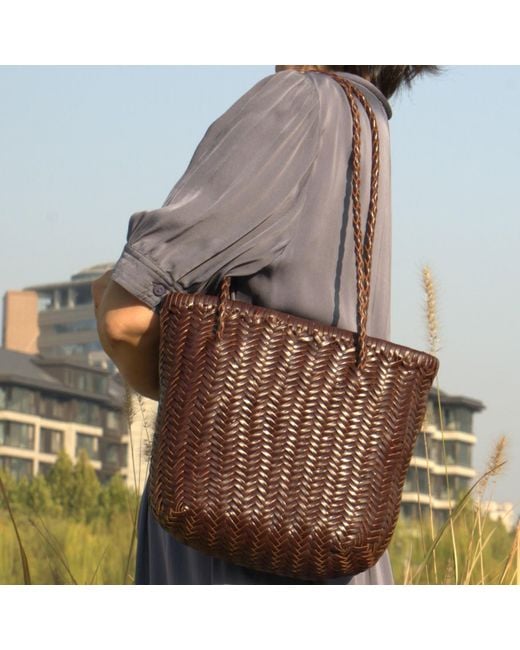 Rimini Brown Zigzag Woven Leather Handbag In 'carla'
