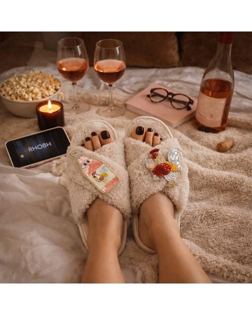 Laines London Natural Neutrals Laines Neutral Boucle Slippers With Chicken Wine Brooches