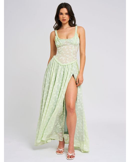 Miss Circle New York White Ulissa Light Square Neck Jacquard Textured High Slit Maxi Dress