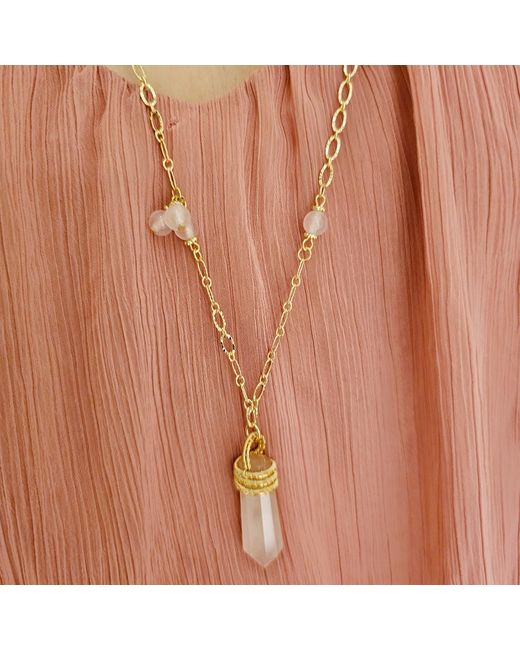Farra Metallic Wire-Wrapped Rose Quartz Pendant With Watermelon Flower Long Necklace