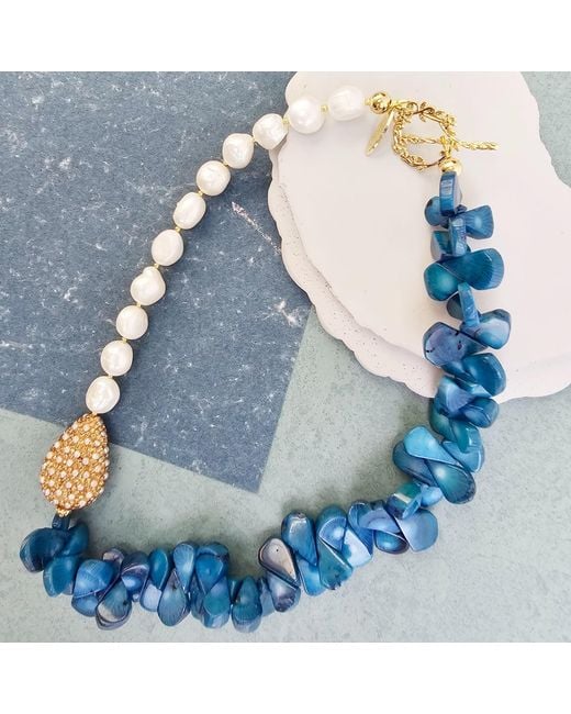 Farra Blue Freshwater Pearls & Floral Bamboo Coral Necklace