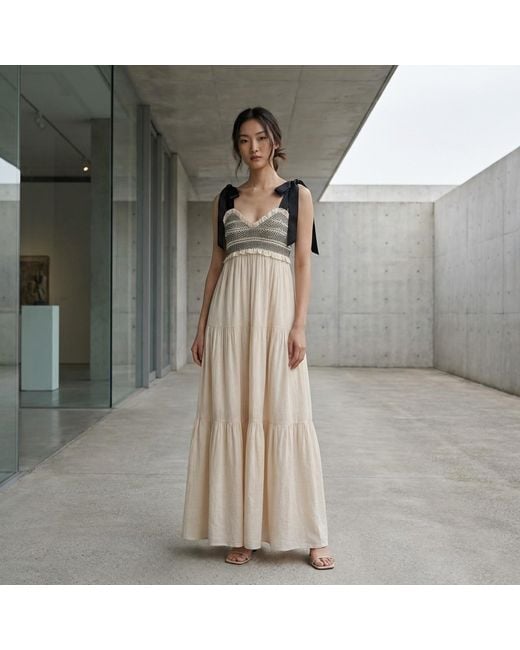 Modenaire Natural Neutrals Lace Trim Maxi Dress Smocked Form