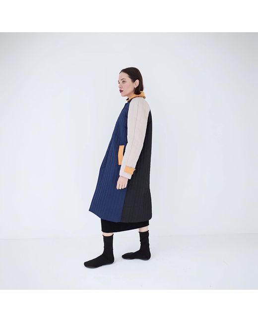 London Atelier Byproduct Blue Neutrals Patchwork Colour Block Quilt Long Jacket