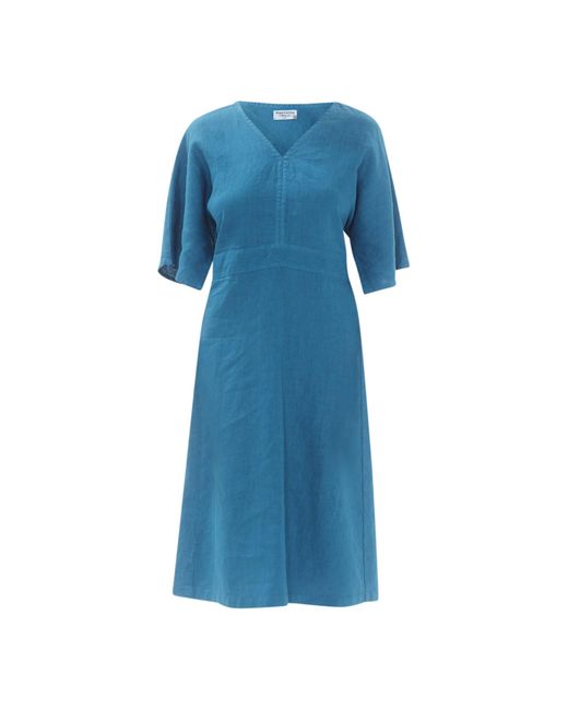 Haris Cotton Blue Notched Neckline Linen Dress With Batwing Sleeve